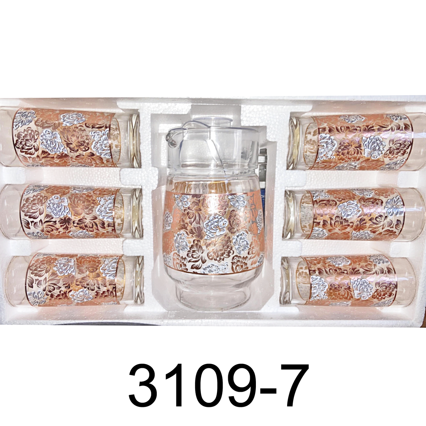 7 PC Rose Gold Peony Design Set with Glass Pitcher and Cups