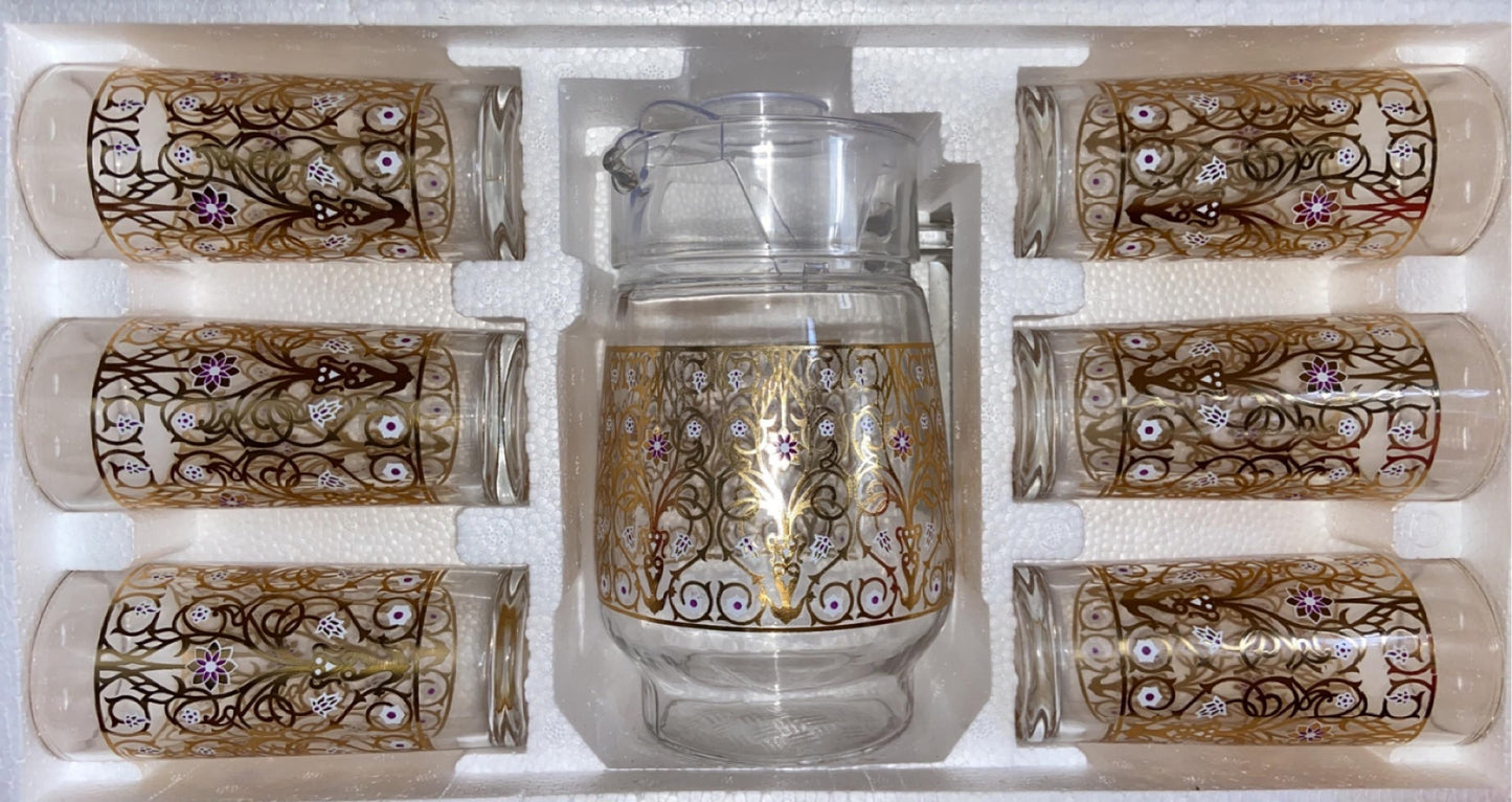 7 PC Gold Design Set with Glass Pitcher and Cups