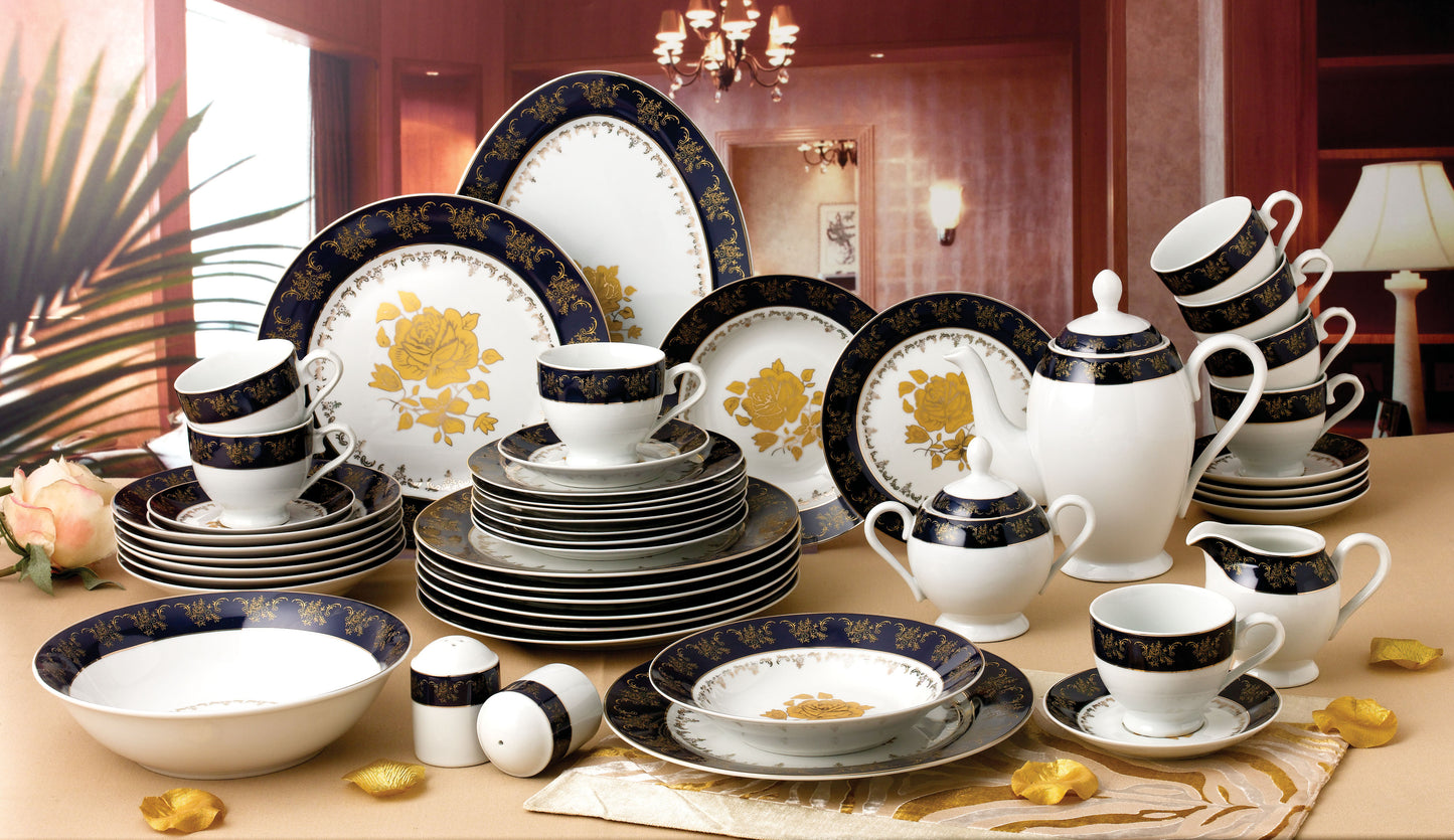 49 PC Navy Golden Rose Pattern Royal British Dinner Set