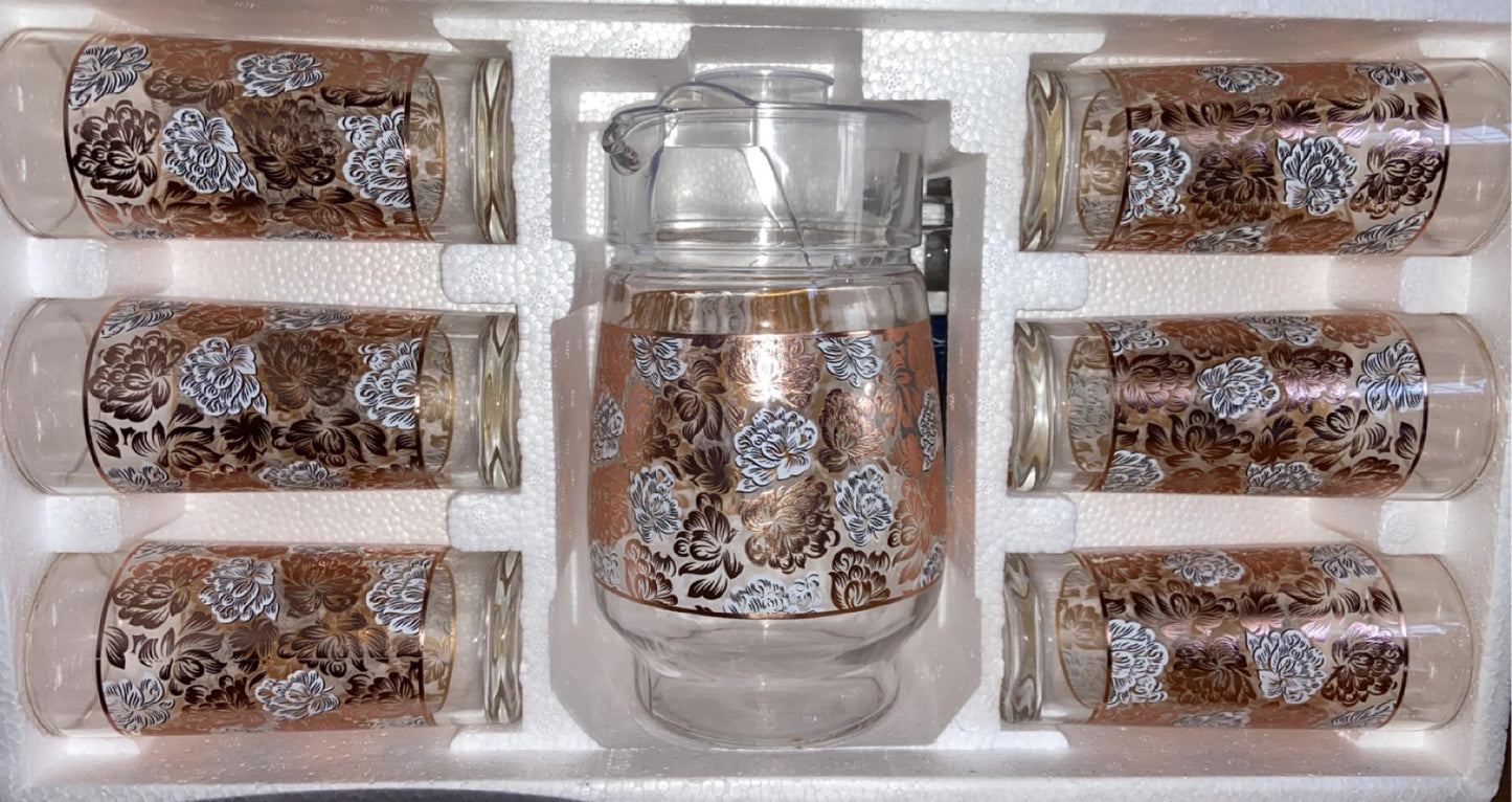 7 PC Rose Gold Peony Design Set with Glass Pitcher and Cups