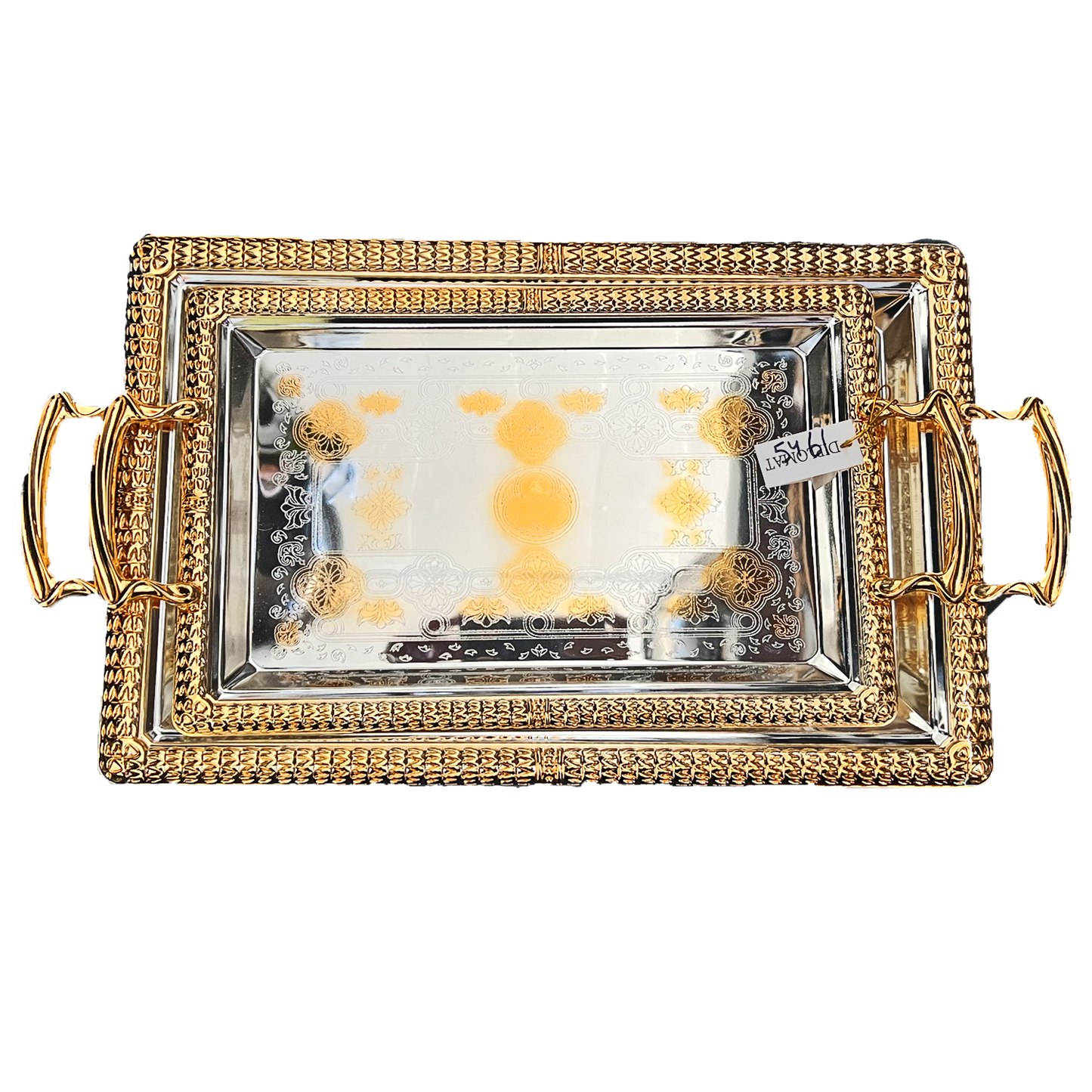 2 PC Turkish Serving Tea Tray Set Gold Handle and Accents Chrome Plated