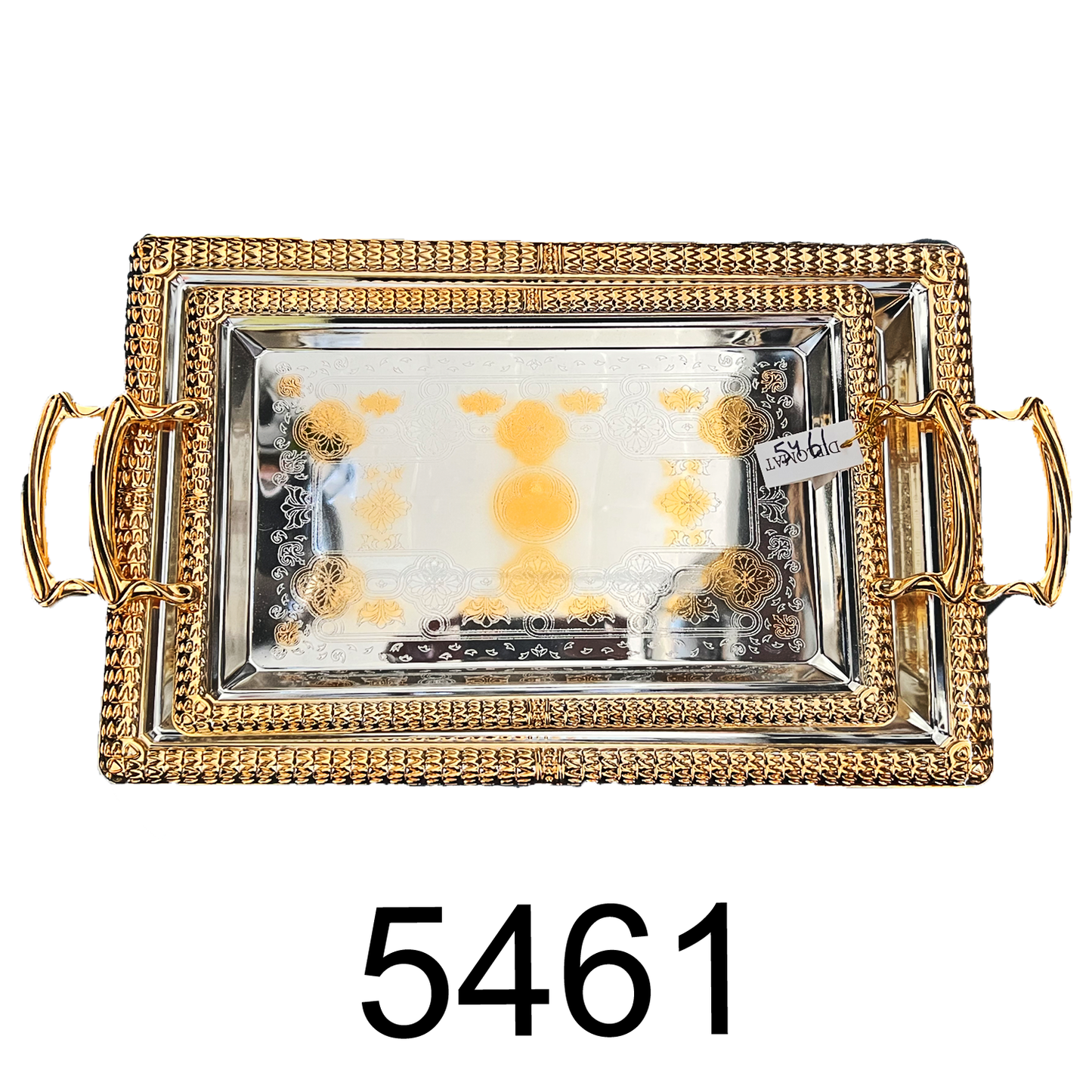 2 PC Turkish Serving Tea Tray Set Gold Handle and Accents Chrome Plated