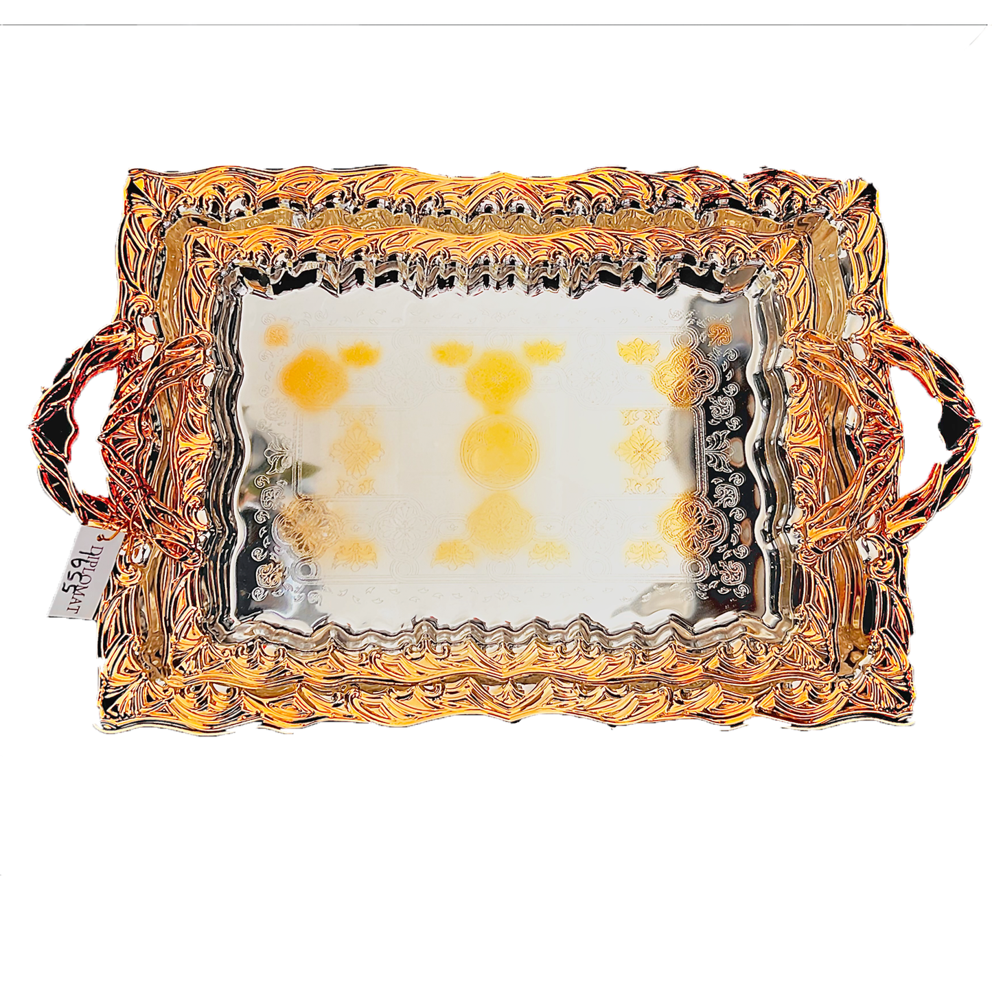 2 PC Greek Royal Serving Tea Tray Set Gold Handle and Accents Chrome Plated