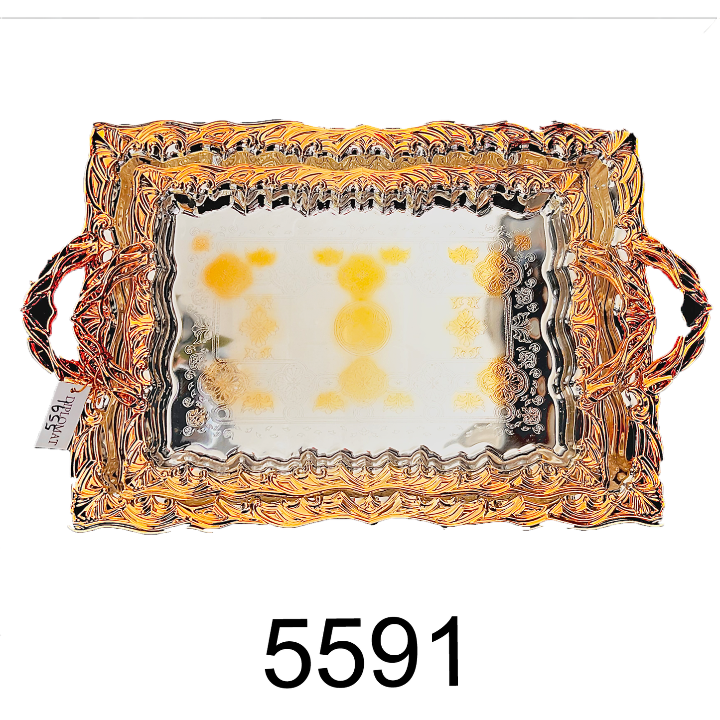 2 PC Greek Royal Serving Tea Tray Set Gold Handle and Accents Chrome Plated