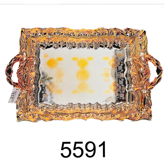 2 PC Greek Royal Serving Tea Tray Set Gold Handle and Accents Chrome Plated