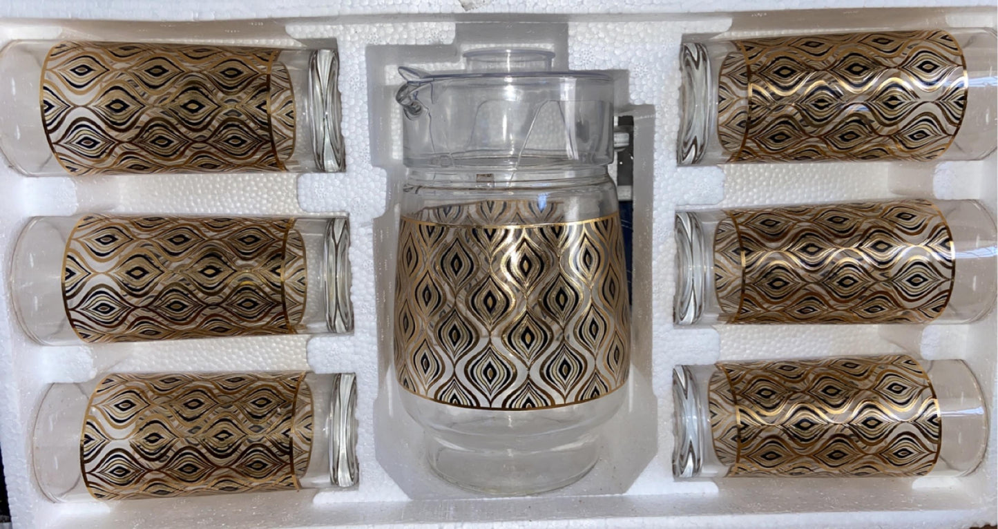 7 PC Gold And Black Peacock Tail Design Set with Glass Pitcher and Cups