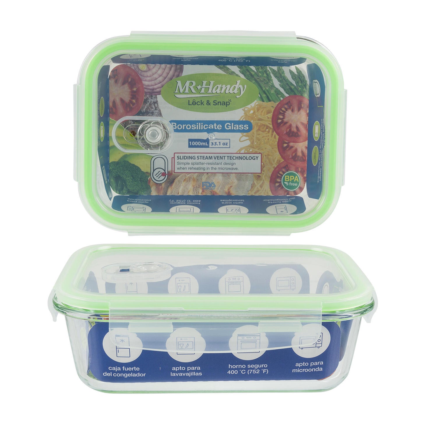 1000ml Green Glass Rectangle Food Container