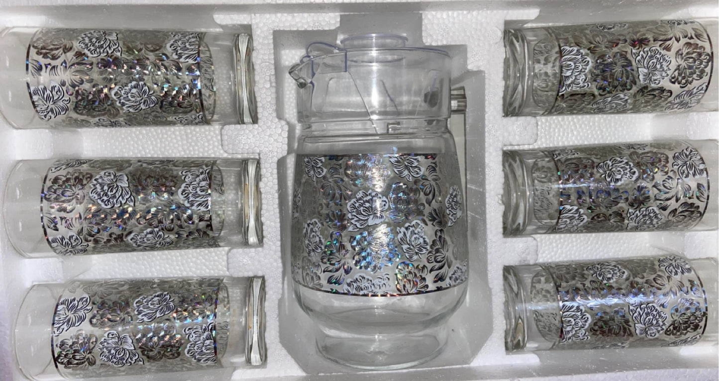 7 PC White Peony Design Set with Glass Pitcher and Cups