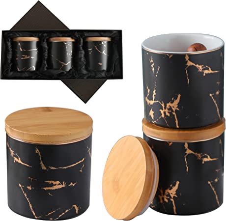 6 PC Black Marble Canister Set With Bamboo Lid