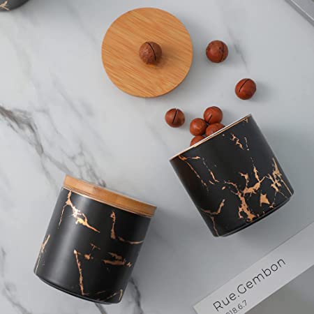6 PC Black Marble Canister Set With Bamboo Lid