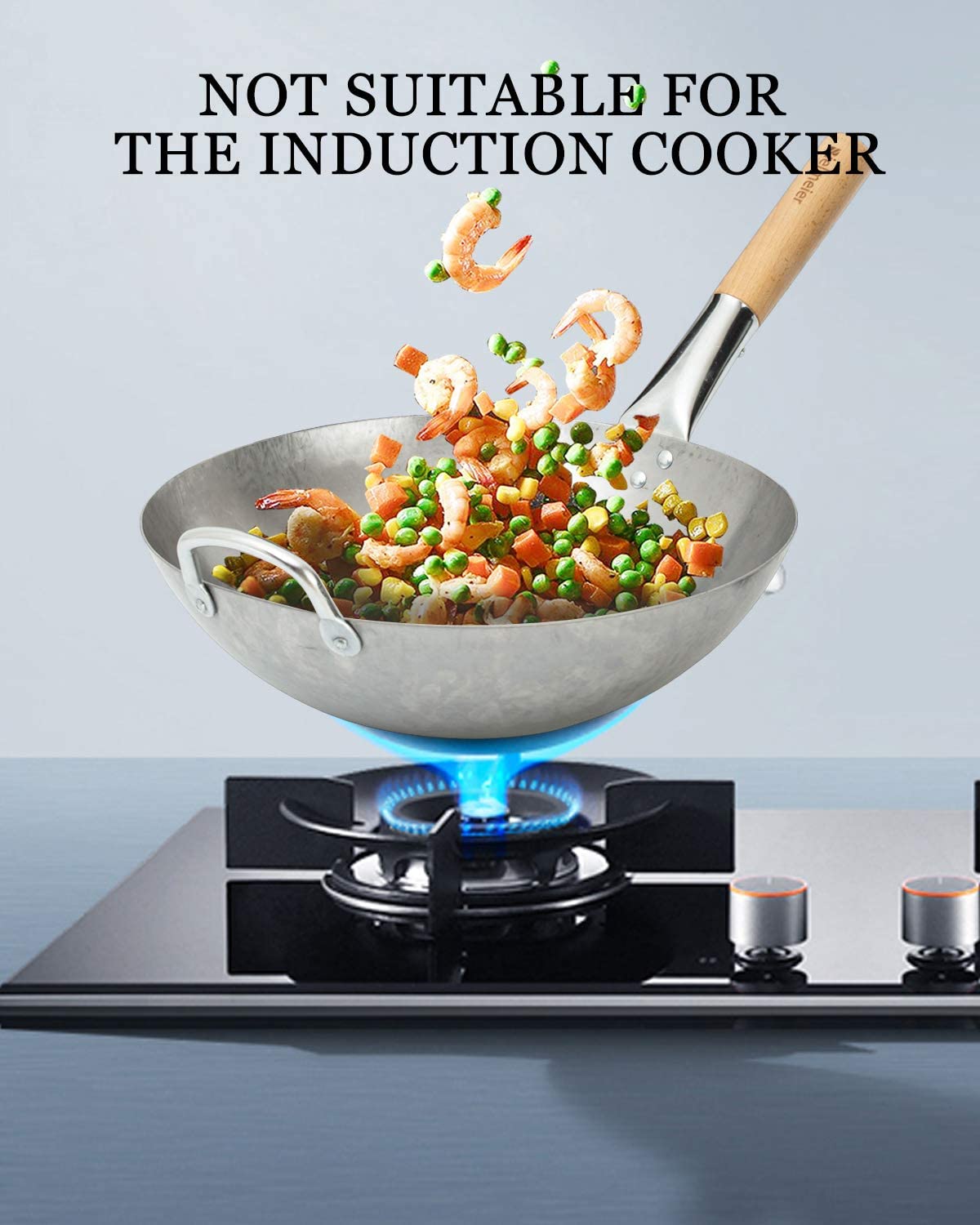 43cm Stainless Steel Wok With Wooden Handle