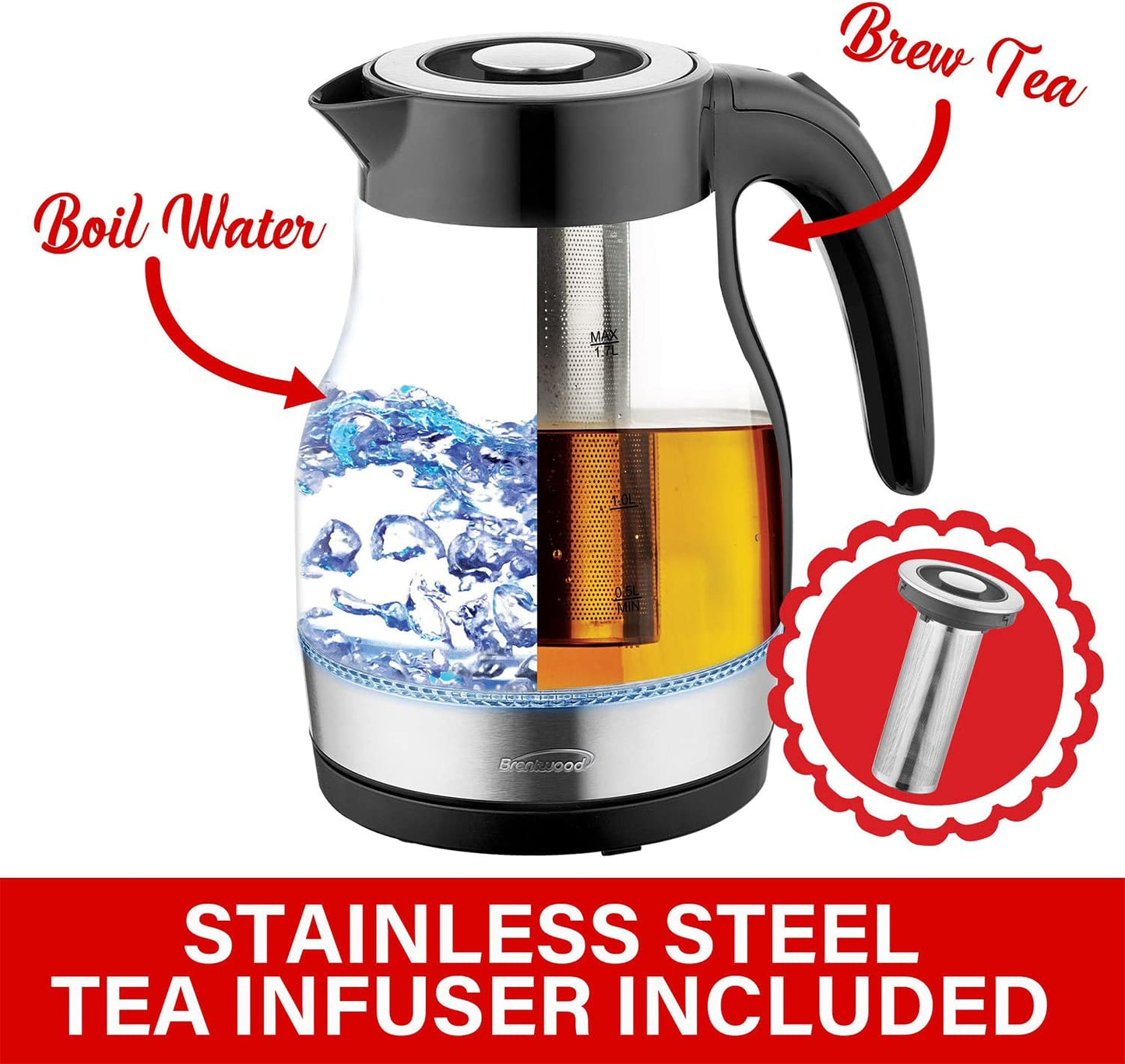 1.7L Cordless Glass Electric Kettle With Tea Infuser