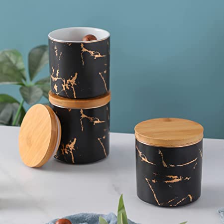 6 PC Black Marble Canister Set With Bamboo Lid