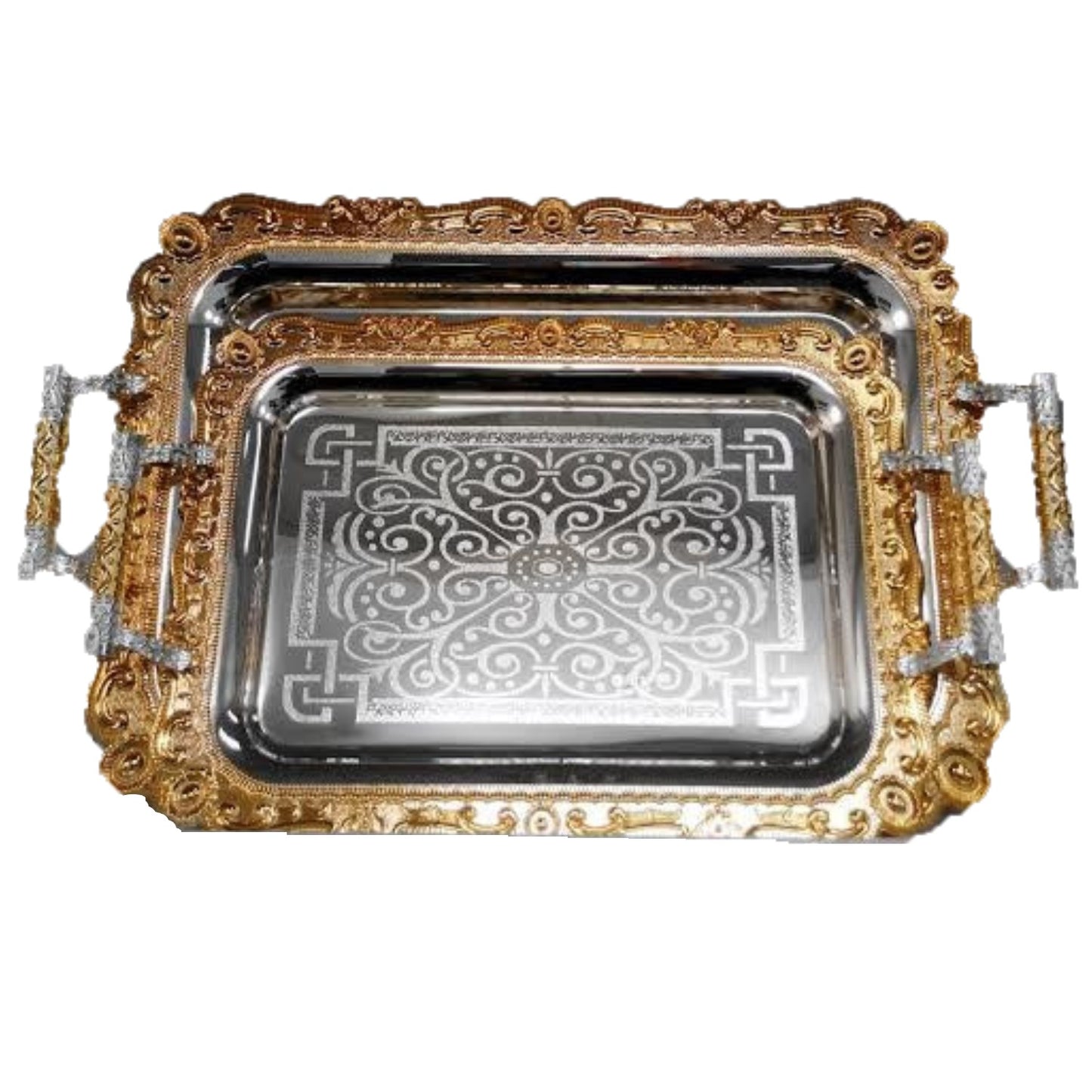 2 PC Elegant Silver and Gold Serving Tray