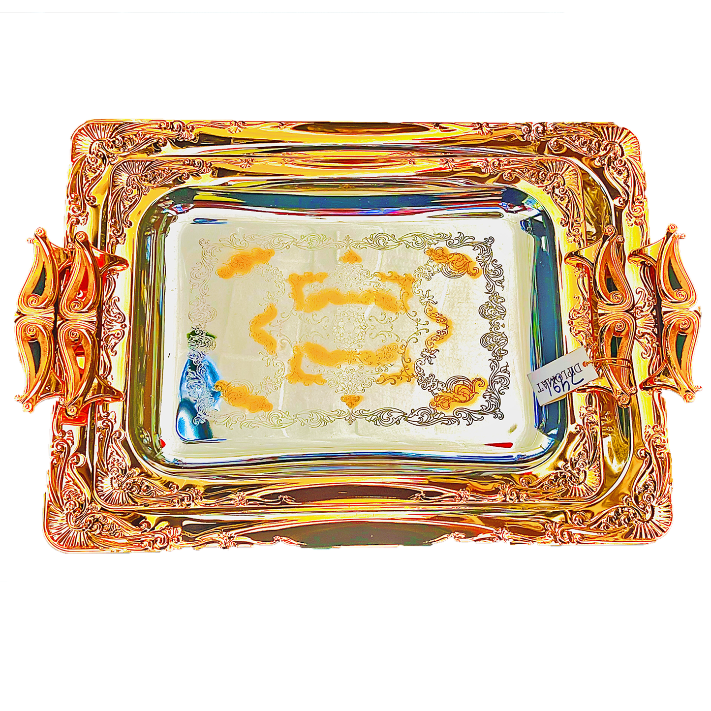 2 PC Classy Serving Tea Tray Set Twisted Gold Handle