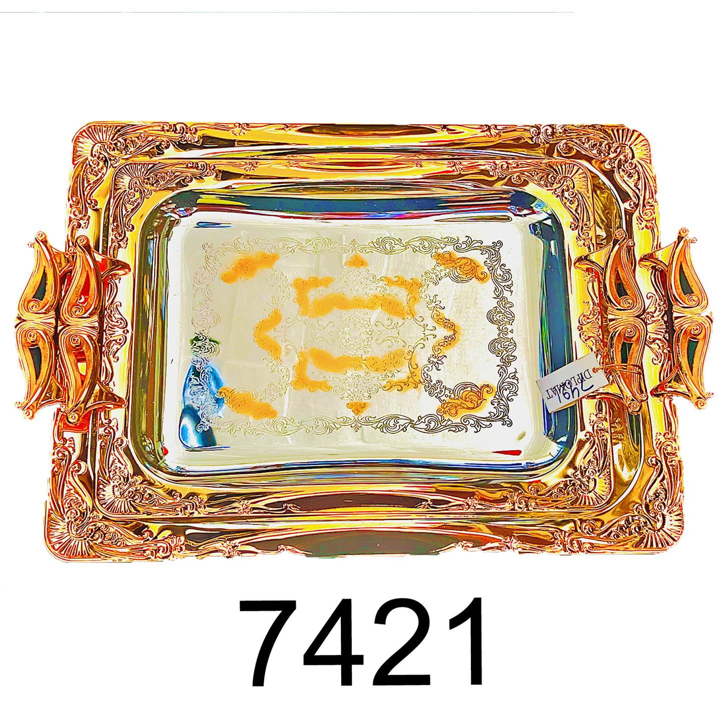 2 PC Classy Serving Tea Tray Set Twisted Gold Handle