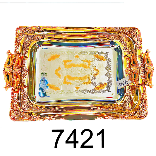 2 PC Classy Serving Tea Tray Set Twisted Gold Handle