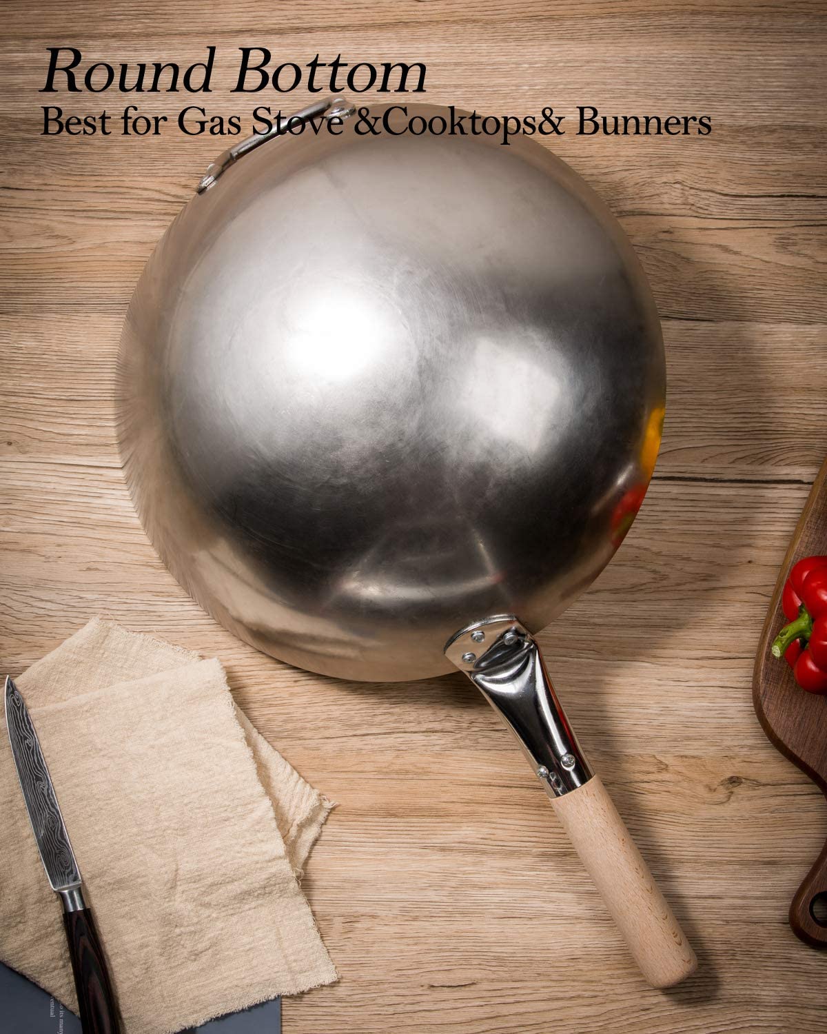 43cm Stainless Steel Wok With Wooden Handle
