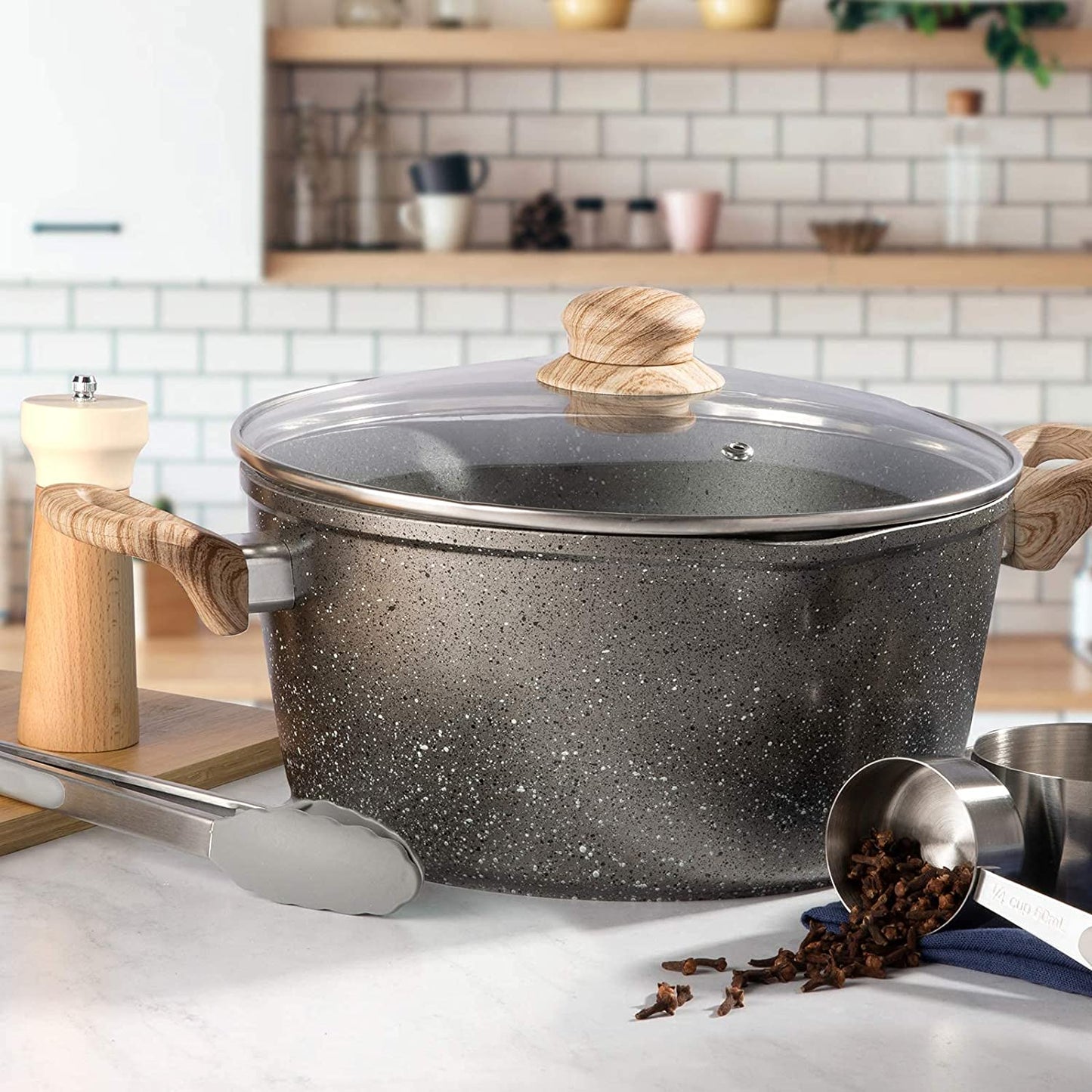 10 PC Gray Die Casting Marble Casserole & Fry Pan Set