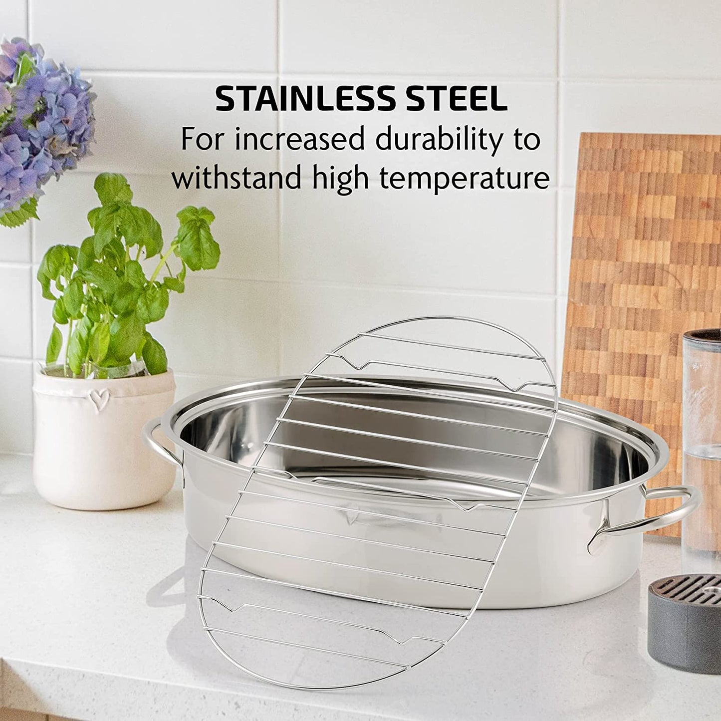 16.5" Stainless Steel Oval Turkey Roaster With Rack & Lid