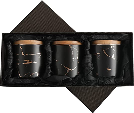6 PC Black Marble Canister Set With Bamboo Lid