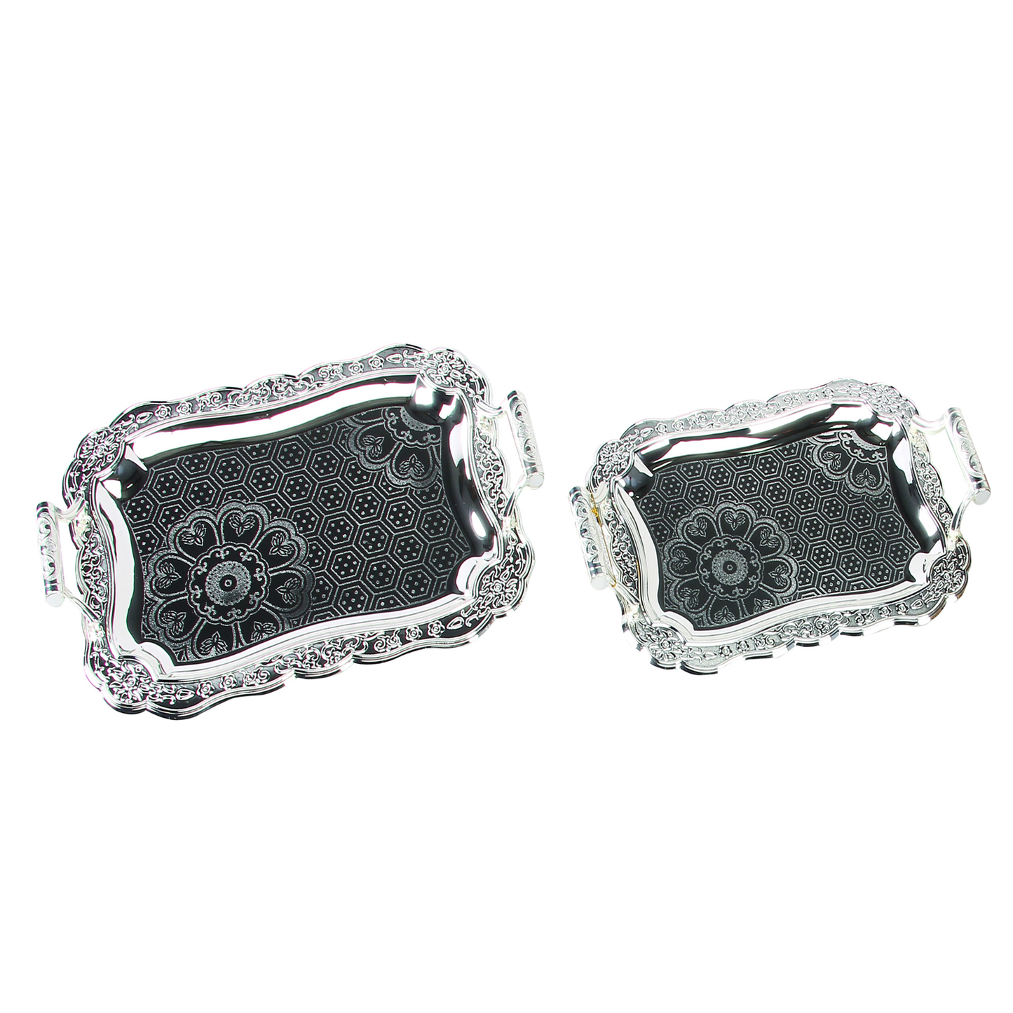 2 PC Floral Silver Serving Tray.