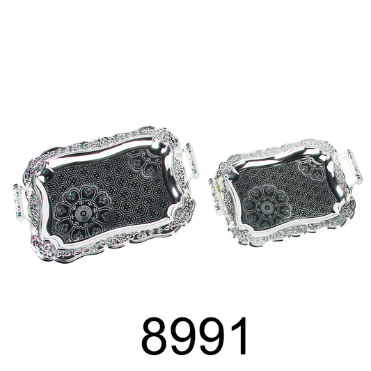 2 PC Floral Silver Serving Tray.