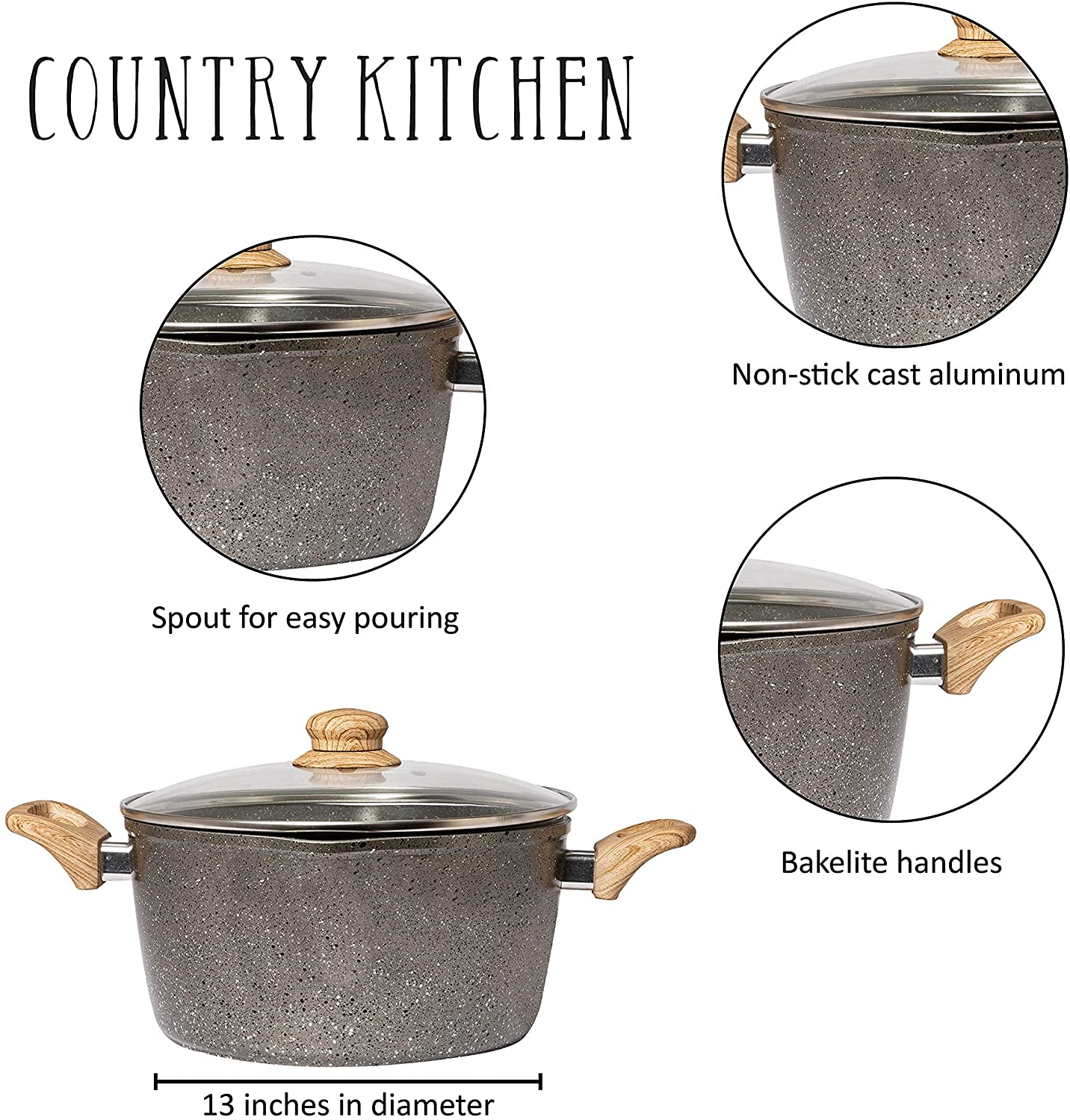 10 PC Gray Die Casting Marble Casserole & Fry Pan Set