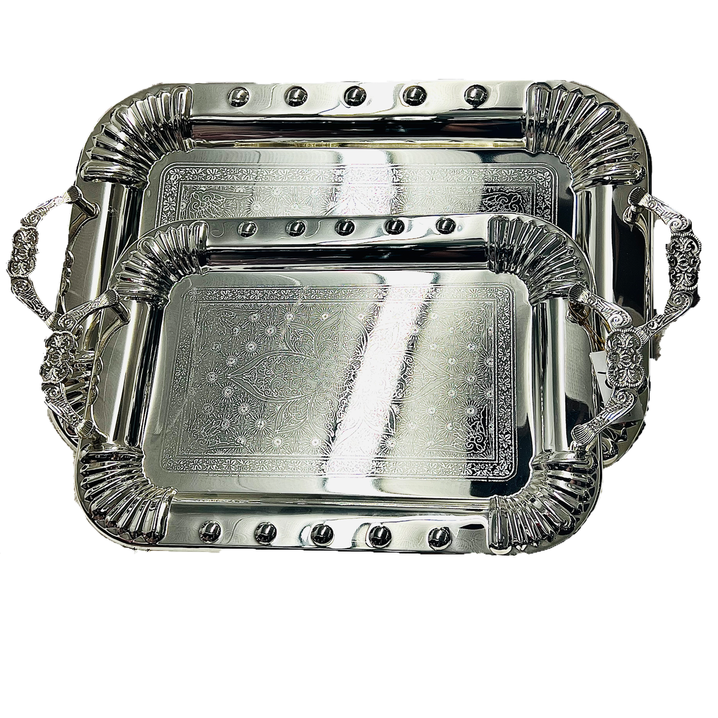 2 PC Classy Silver Serving Tray With Lotus Design