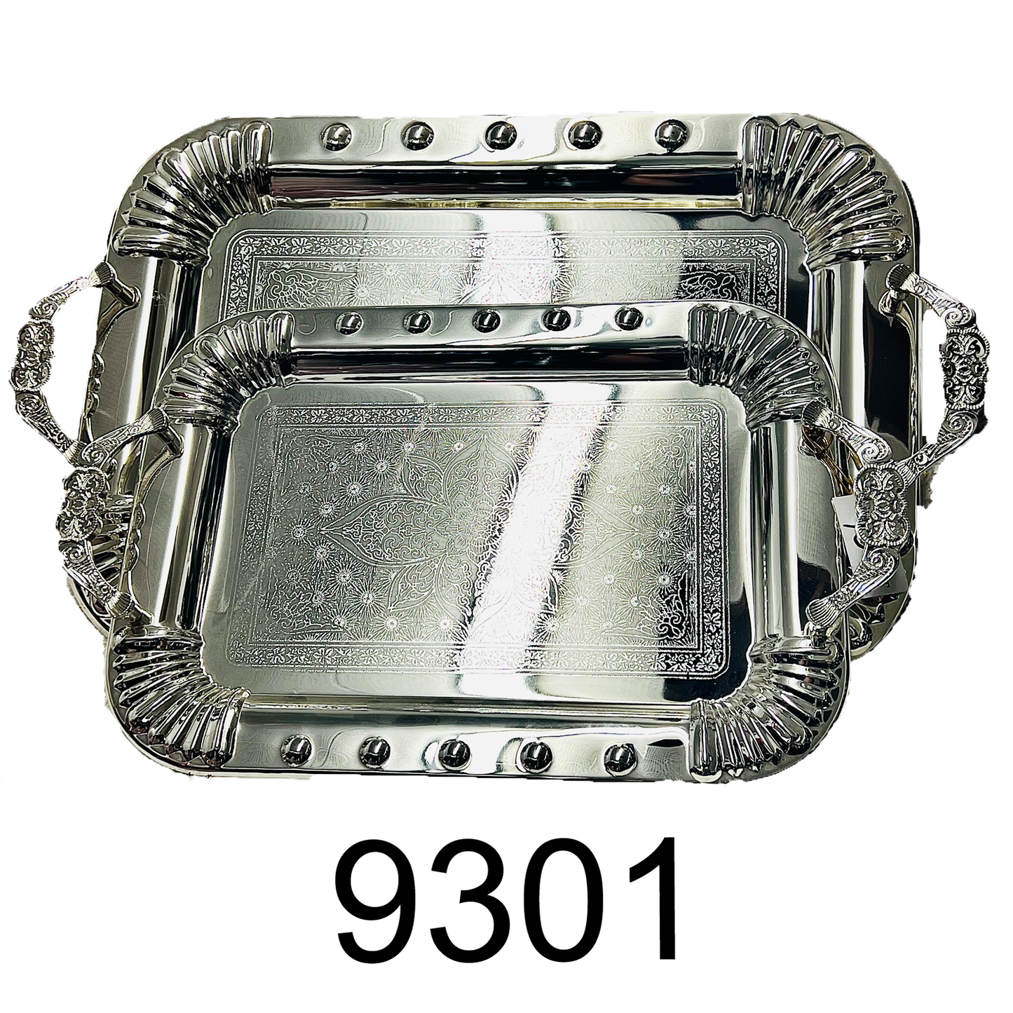 2 PC Classy Silver Serving Tray With Lotus Design