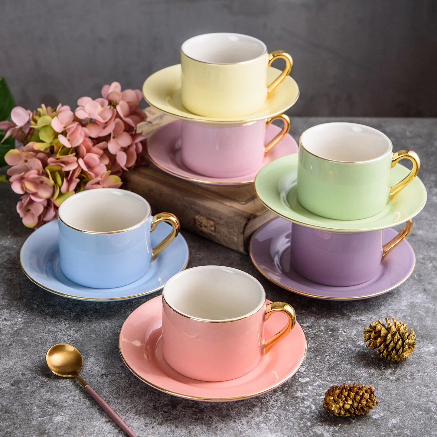 12 PC Matte Pink & Gold Coffee Set