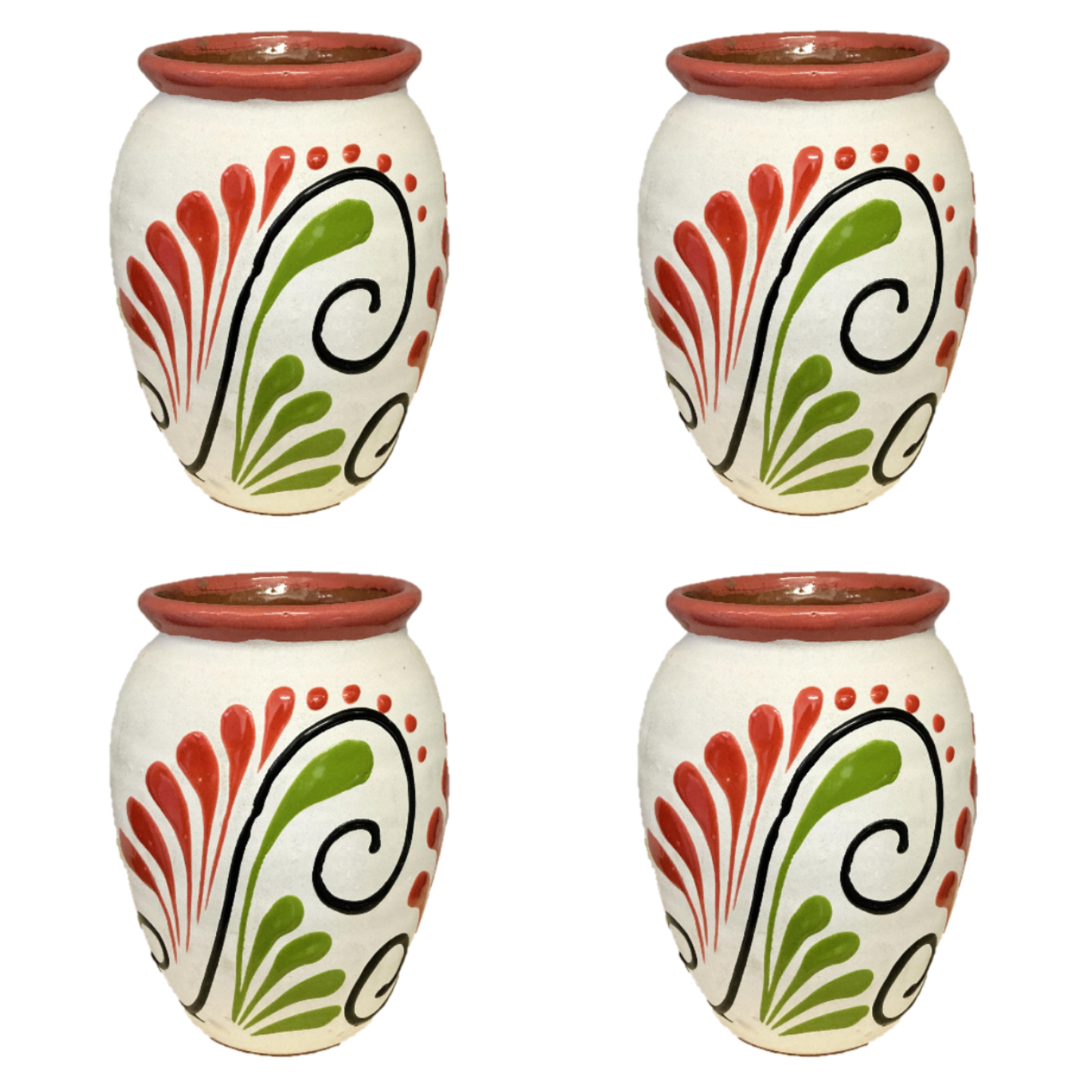 4 PC White & Red Handmade Clay Jar Set