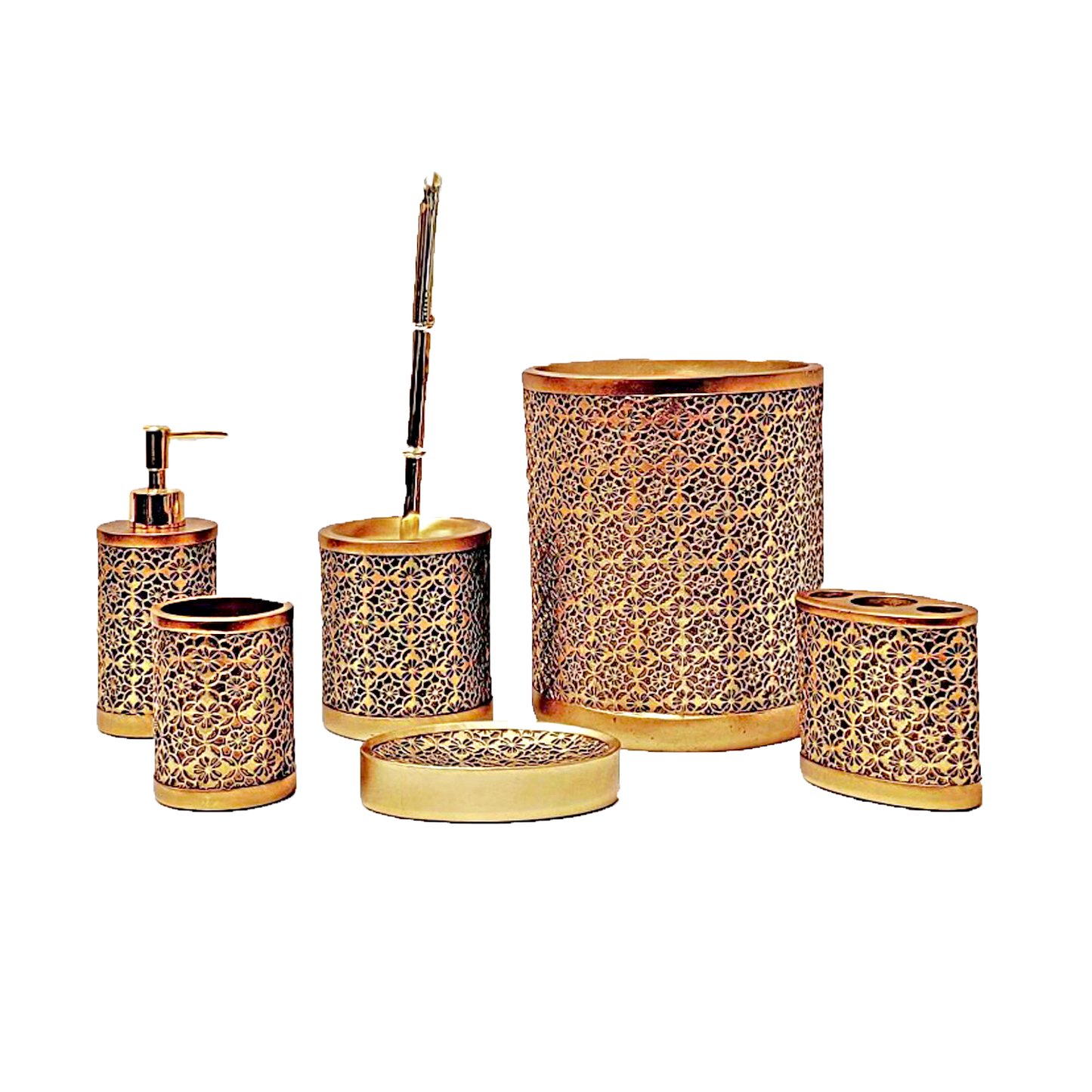 7 PC Flower Pattern Bathroom Accessories Set- Gold