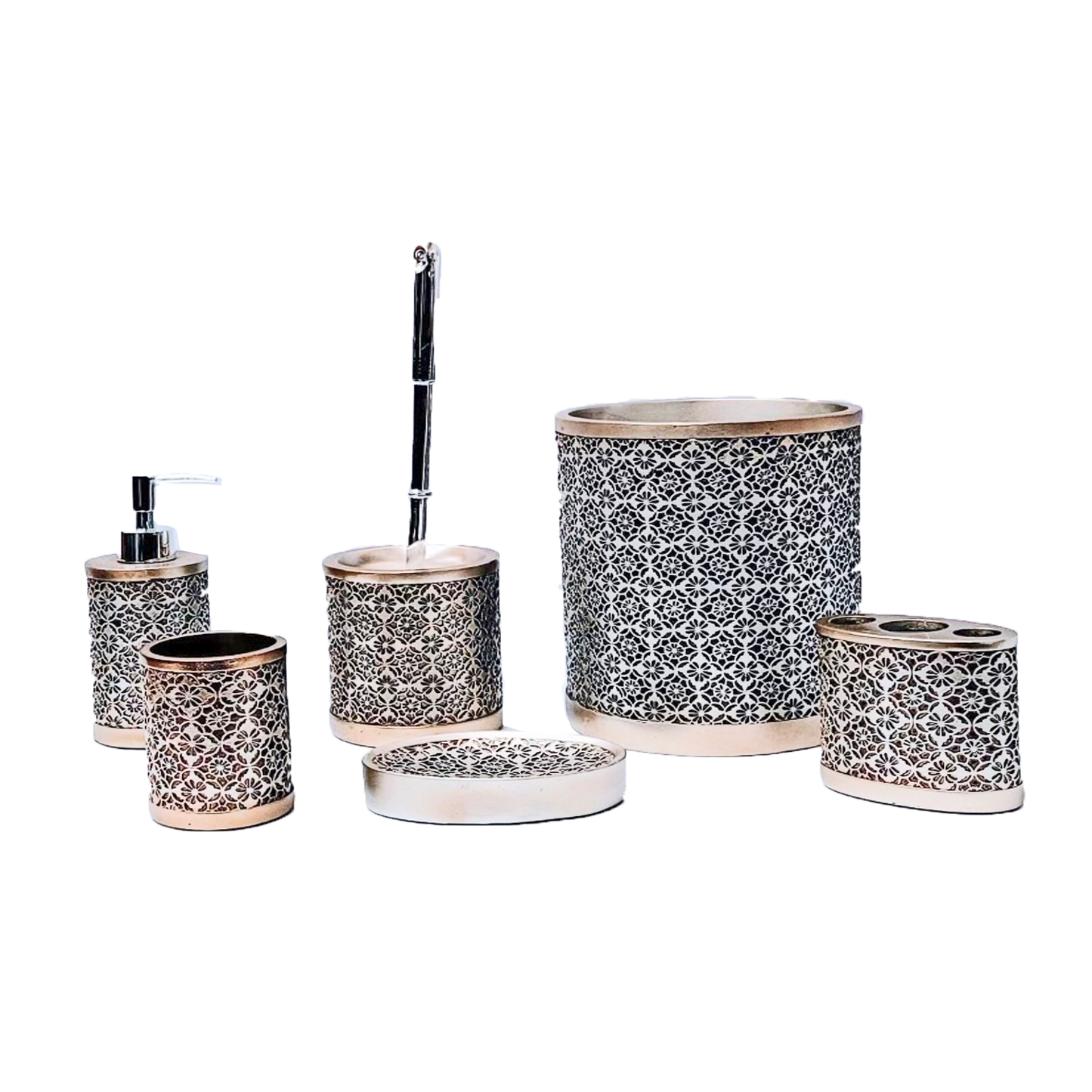 7 PC Flower Pattern Bathroom Accessories Set- Silver