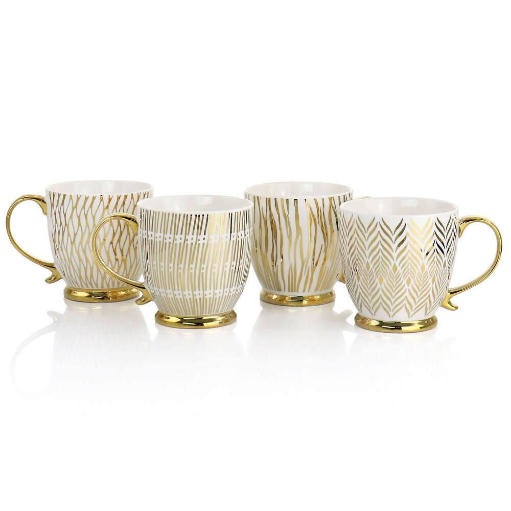 4 PC Gold Finch Electroplated Fine Ceramic Mug Set