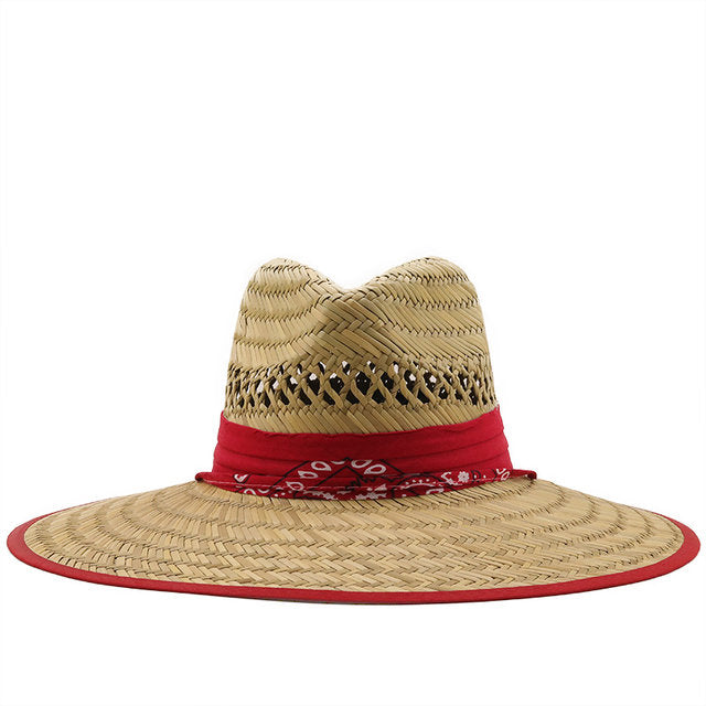 Red Straw Hat / Sun Hat / Wide Brim Summer Lifeguard / Beach Outdoor Travel Hat