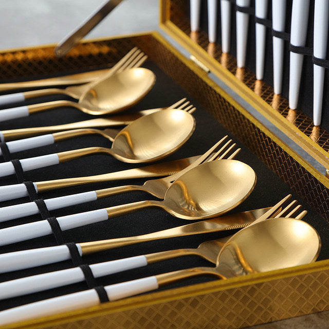 24 PC Classic Gold Cutlery w/ White Handle Set