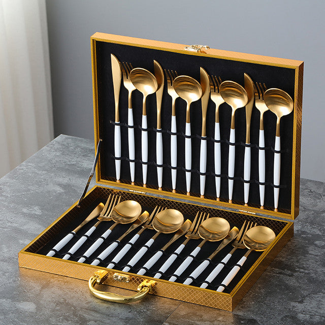 24 PC Classic Gold Cutlery w/ White Handle Set