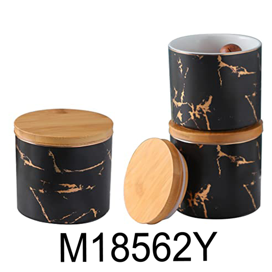 6 PC Black Marble Canister Set With Bamboo Lid