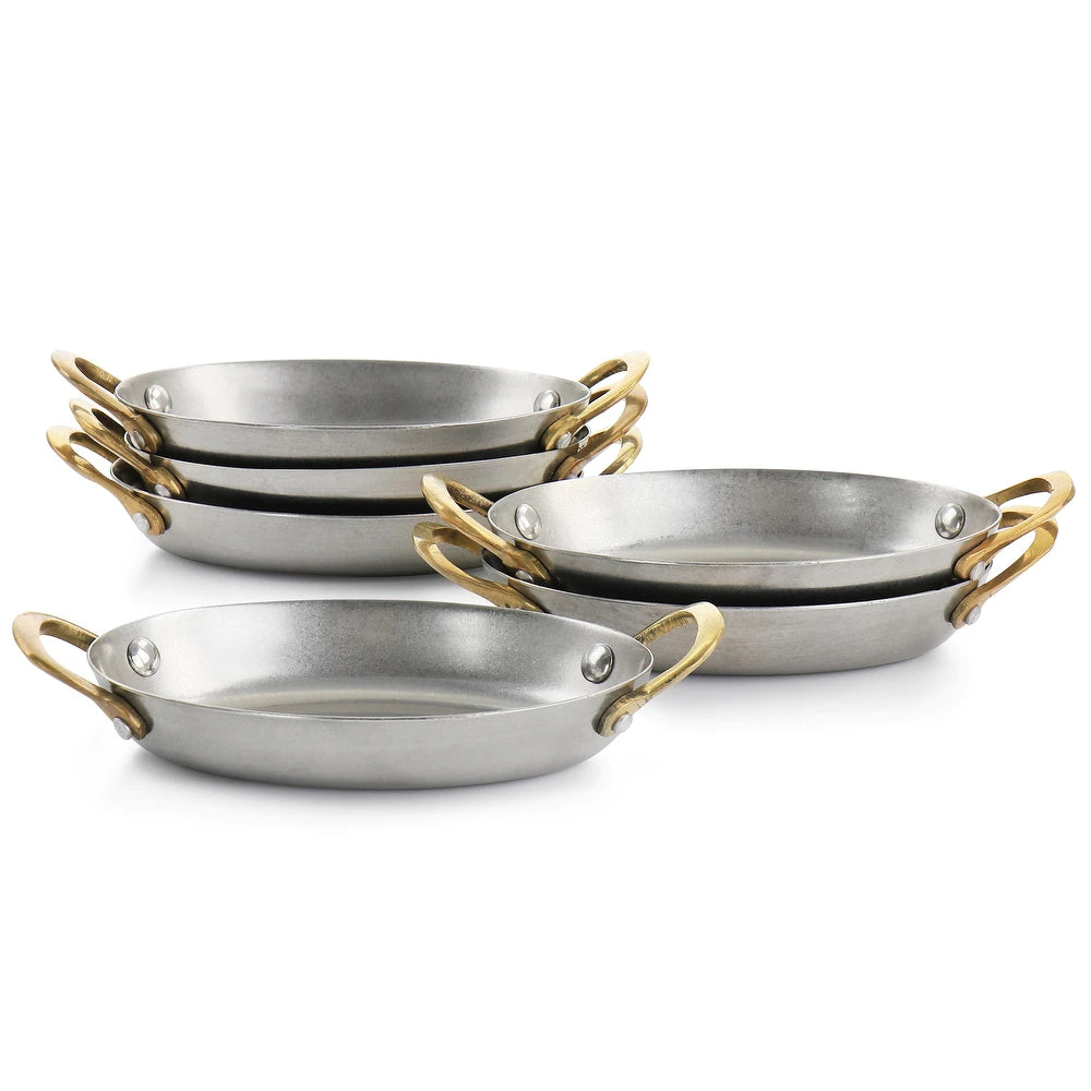 6 PC Mini Vintage Oval Au Gratin Pan Set with Brass Handle