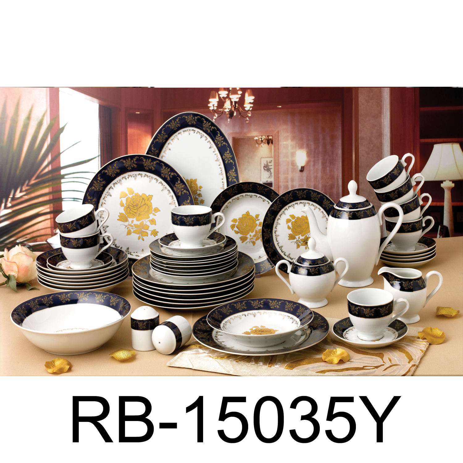 49 PC Navy Golden Rose Pattern Royal British Dinner Set – R & B Import
