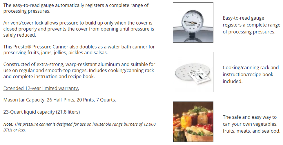 Presto 23 QT Pressure Canner & Cooker