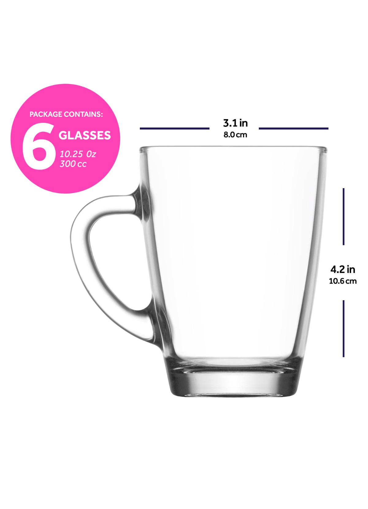 6 PC Clear Mug Set With Handle
