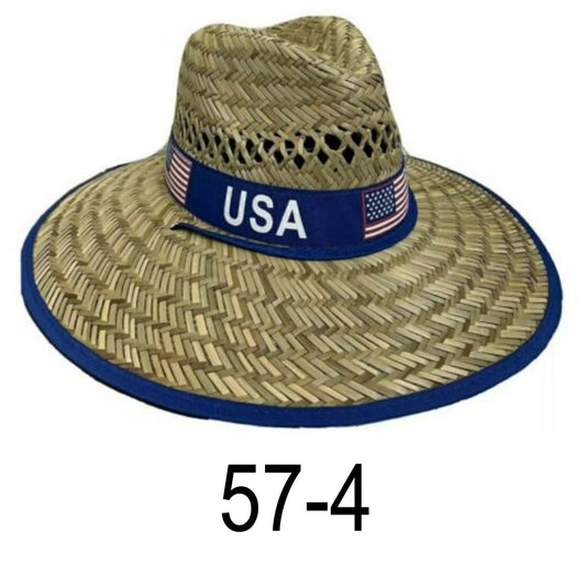 USA Blue Print Straw Hat / Sun Hat / Wide Brim Summer Lifeguard / Beach Outdoor Travel Hat