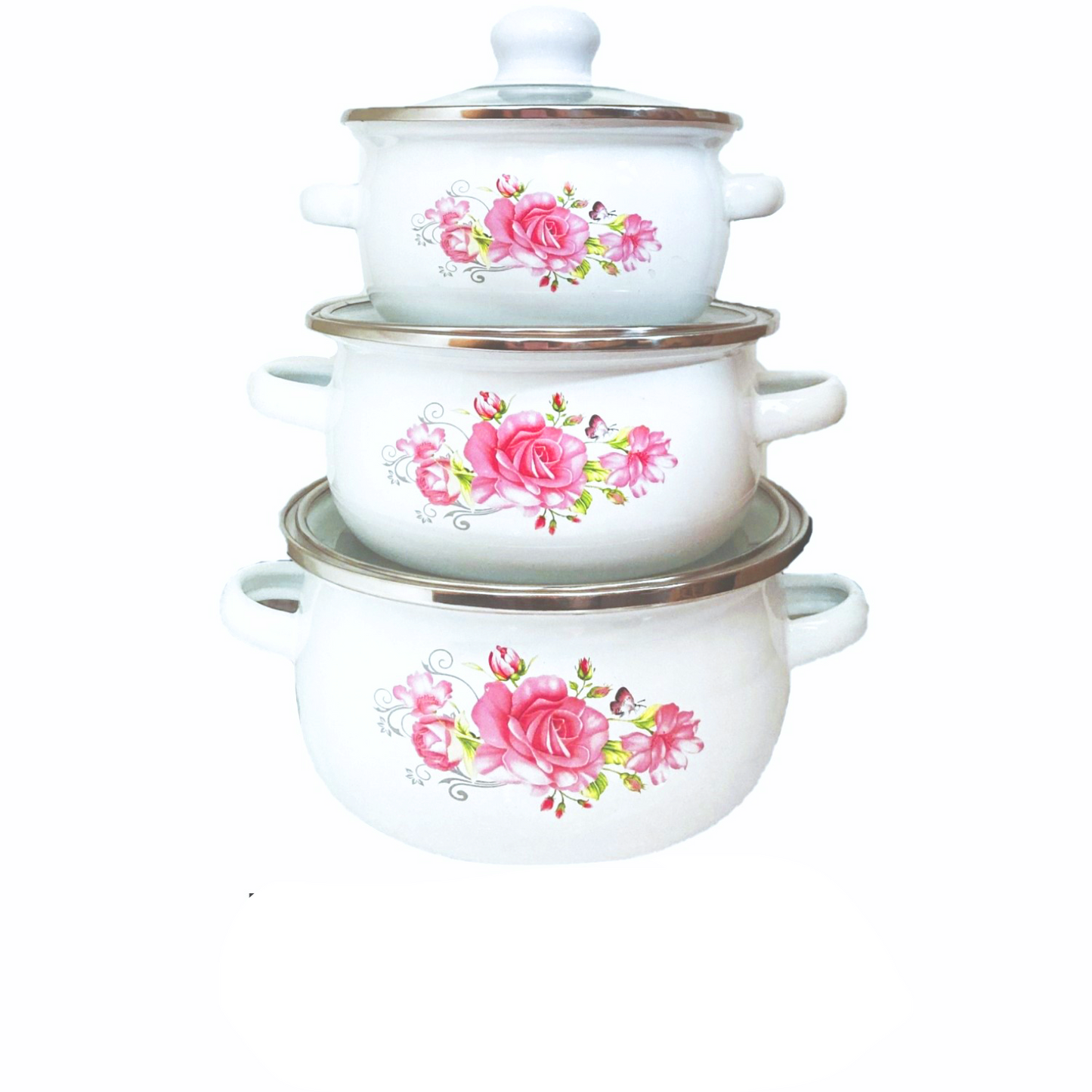 6 PC Pink Rose Enamel Mini Stockpot Set