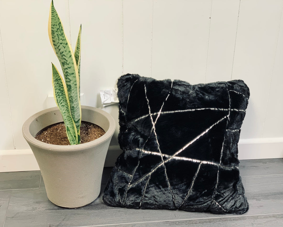 Black Silver Lines Faux Fur Illuminating Effect Throw Pillow