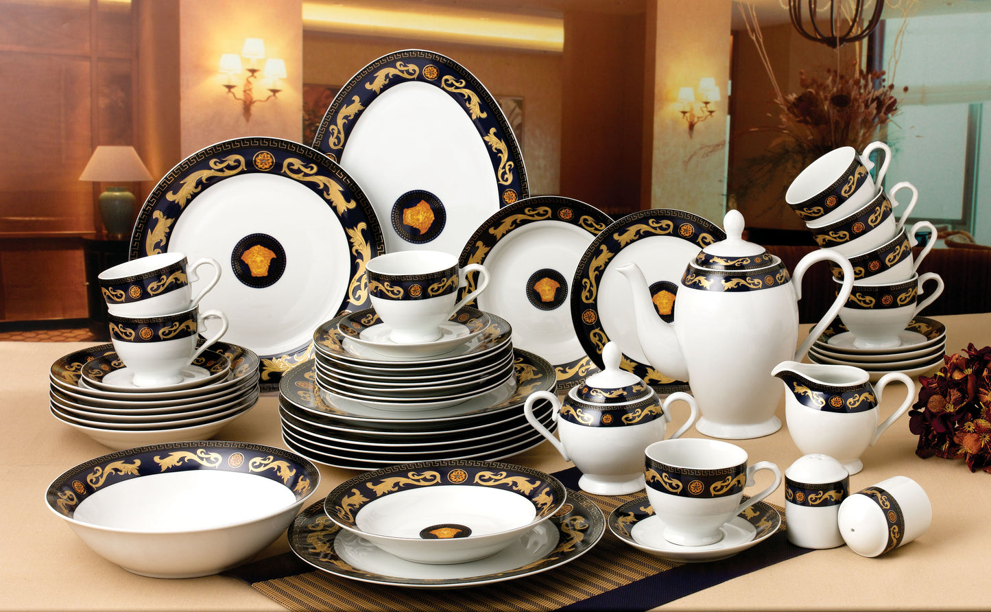 49 PC Greek Blue Medusa Pattern Royal Dinner Set