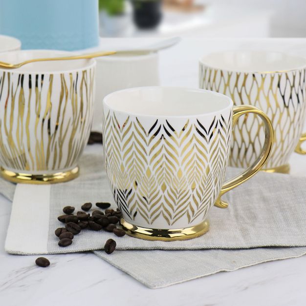 4 PC Gold Finch Electroplated Fine Ceramic Mug Set