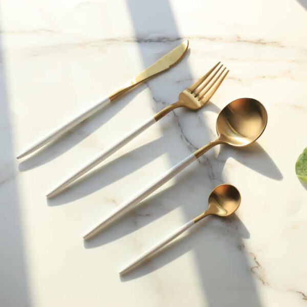 24 PC Classic Gold Cutlery w/ White Handle Set