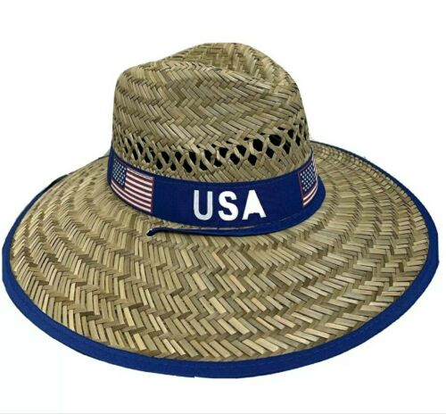 USA Blue Print Straw Hat / Sun Hat / Wide Brim Summer Lifeguard / Beach Outdoor Travel Hat